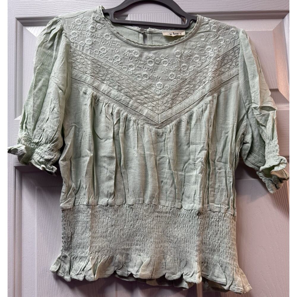 In Loom Light Green Embroidered Lace Blouse Ruffle Smocked Round Neck M